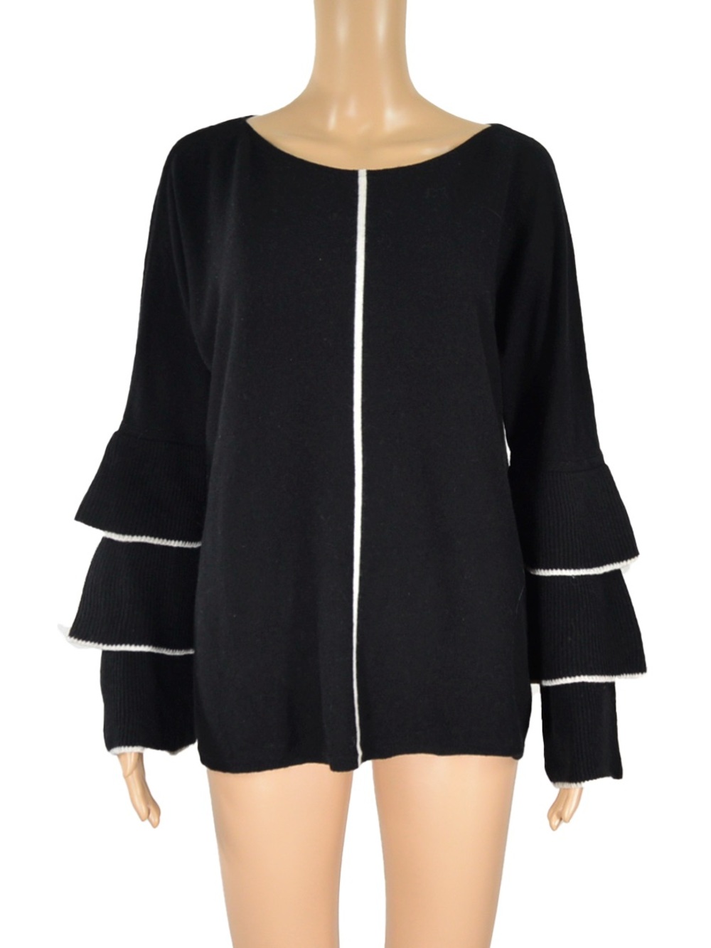 Laurèl Black Cashmere Wool Silk Knit Sweater Tiered Ruffle Sleeves $1,115